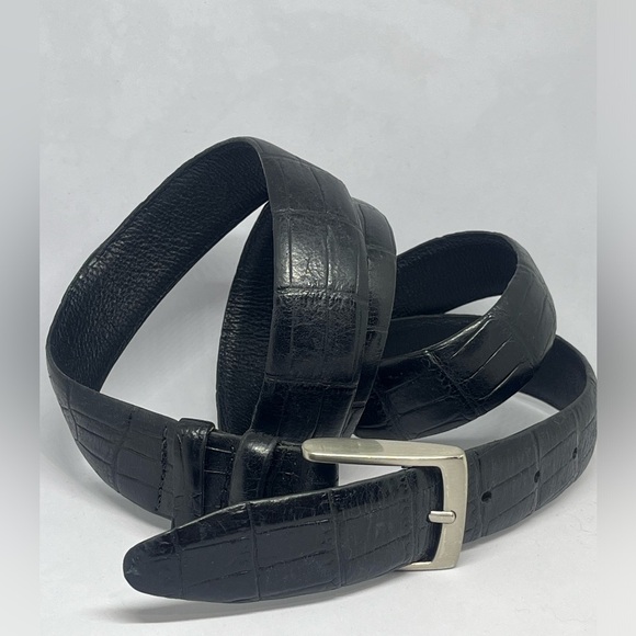 Stylish Black Croc-Embossed LEATHER Belt with Silver Buckle. DRESS BELT. - Picture 5 of 7